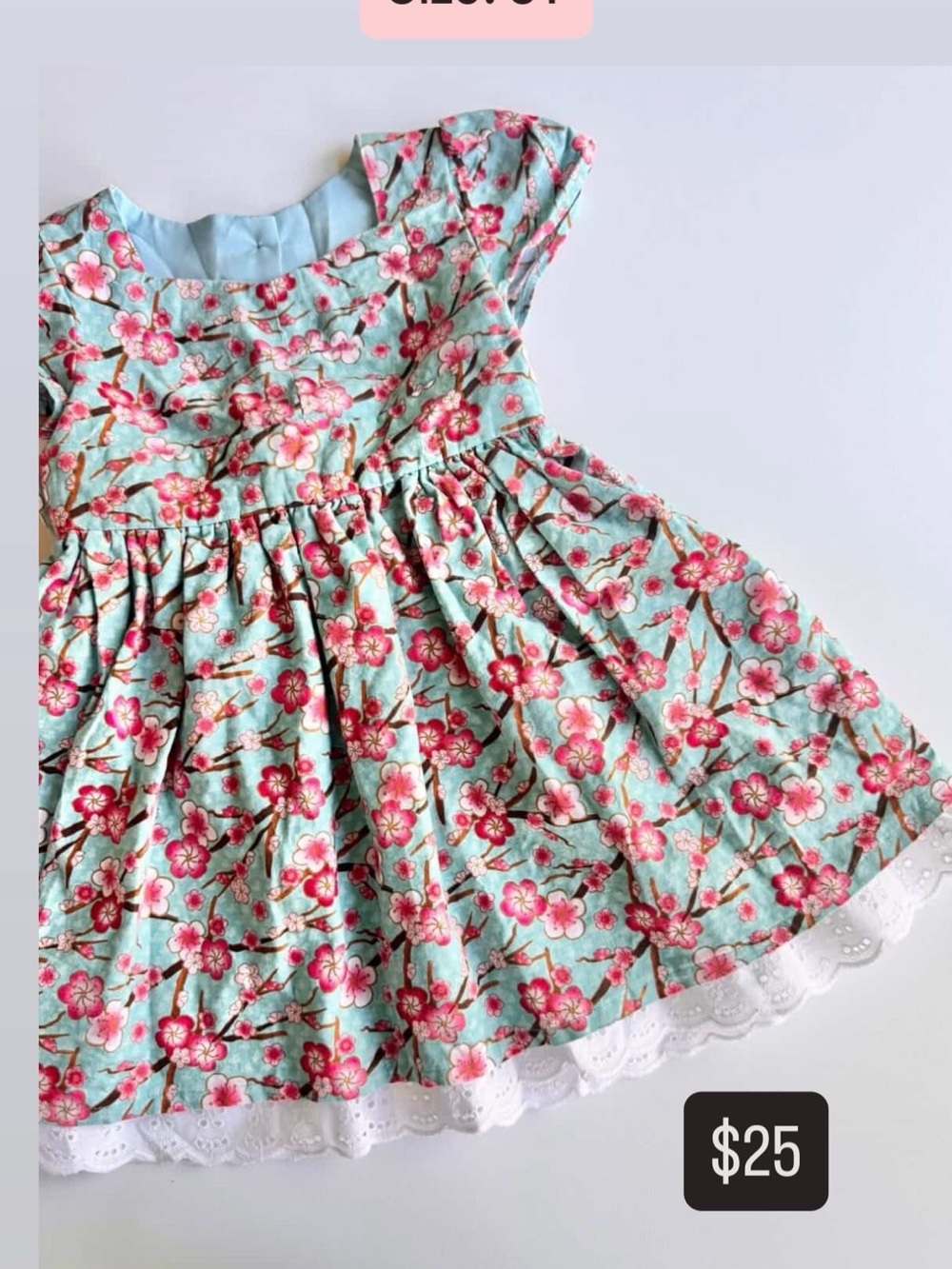 Floral Lace-Hem Kids Dress in Aqua with Pink Blossoms